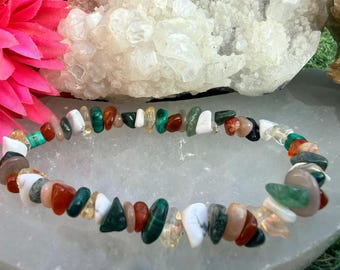 Pulseira de Cristal para Bem-Estar | Pedra do Sol, Cornalina, Ágata Musgosa, Citrino para Equilíbrio