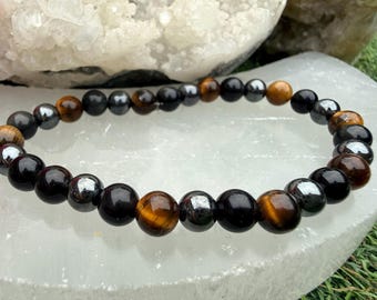 Pulseira de Proteção | Turmalina Negra, Ametista, Labradorita, Quartzo Rosa | Escudo Energético de Aterramento