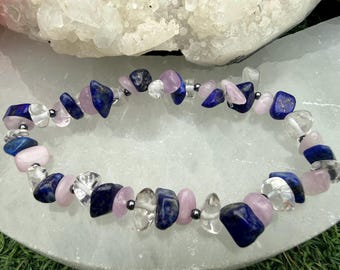 Pulseira de Alinhamento dos Chakras | Lápis-lazúli, Kunzita, Quartzo Transparente, Hematita (Feita à mão)