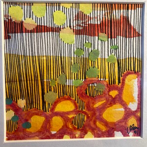 May include: Abstract watercolor painting with a mix of yellow, red, green, and black. The painting features a series of vertical lines, circles, and organic shapes.