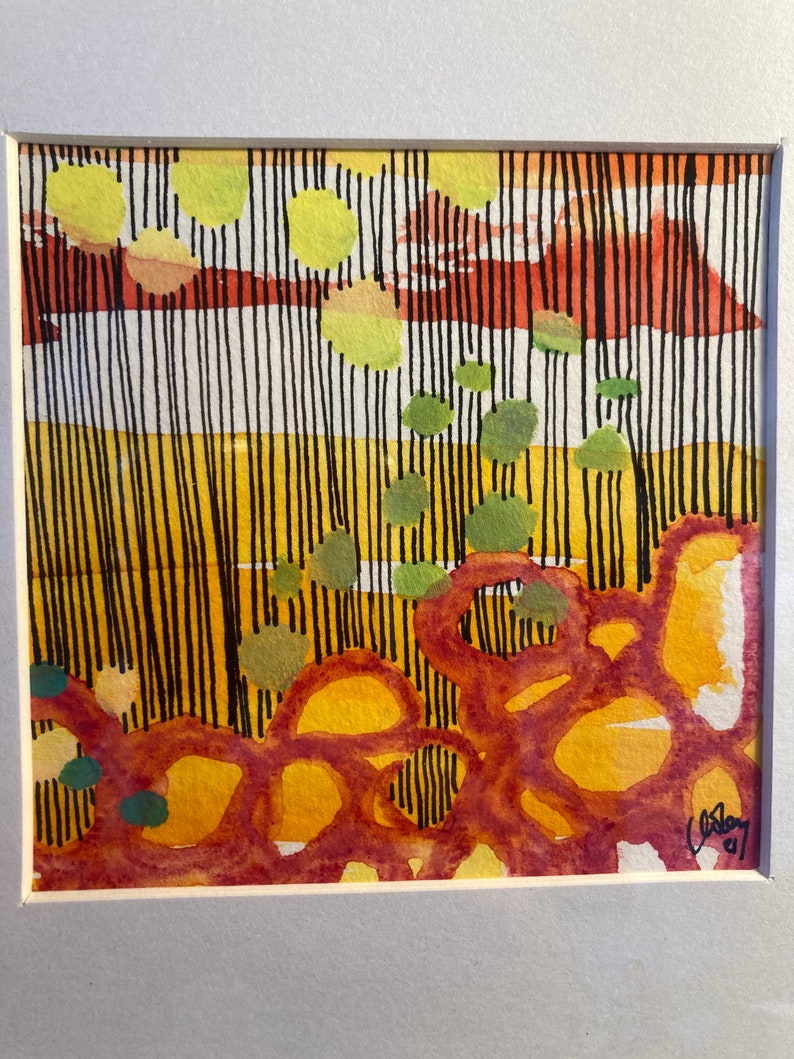 May include: Abstract watercolor painting with a mix of yellow, red, green, and black. The painting features a series of vertical lines, circles, and organic shapes.