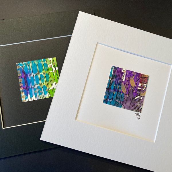 Mini Original painting- set 2.Abstract Painting- choose from - mounted on black or white 5x5inch blank card or 8x8inch mount. Art. Gift.