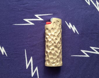 Embossed Hammered Design Brushed Brass Gold, Metal Lighter Case, metal lighter Sleeve for Regular size BIC Lighter