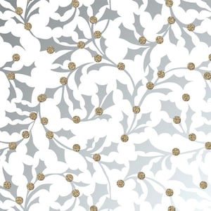Printed Gift Wrap Pack 1 Roll - 2M - Gold Dust Bio Glitter Holly Champagne Gold on White