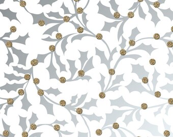 Printed Gift Wrap Pack 1 Roll - 2M - Gold Dust Bio Glitter Holly Champagne Gold on White