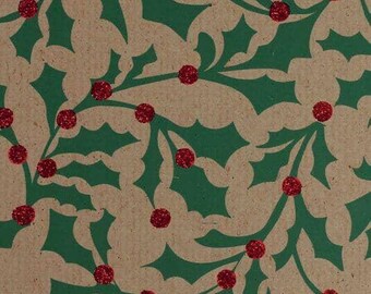 Glitter Kraft Paper Gift Wrap Roll - 2M - Lapland Red Green Holly