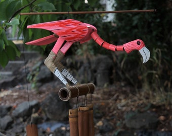 Pink Flamingo Bobbing Head Bamboo Wind Chime