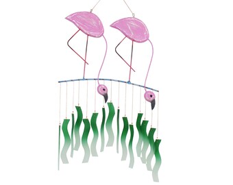 Double Pink Flamingo Tumbled Glass Wind Chime