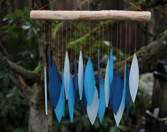 Light Blue and White Tumbled Glass Wind Chime - Leaf Design