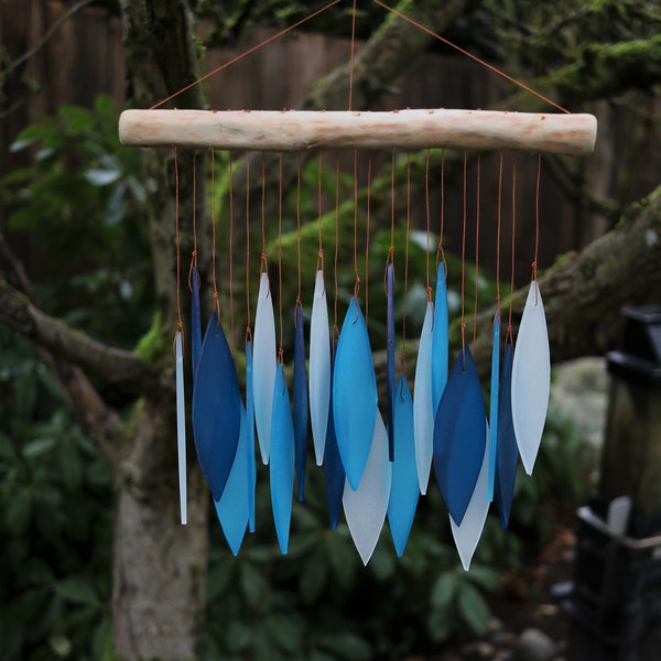 Light Blue and White Tumbled Glass Wind Chime - Leaf Design