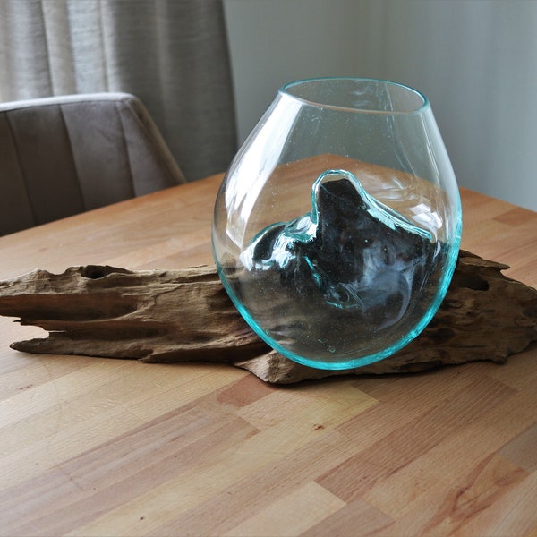 Large Molten Glass Bowl on Teak Wood Base