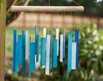 Blue and White Tumbled Glass Wind Chime - Rectangle Shape