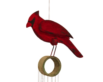 Wooden Cardinal Tumbled Glass Wind Chime