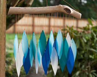 Blue Tumbled Glass Wind Chime - Leaf Design