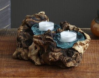 Double Molten Glass Candle Holder on Gamal Wood Base