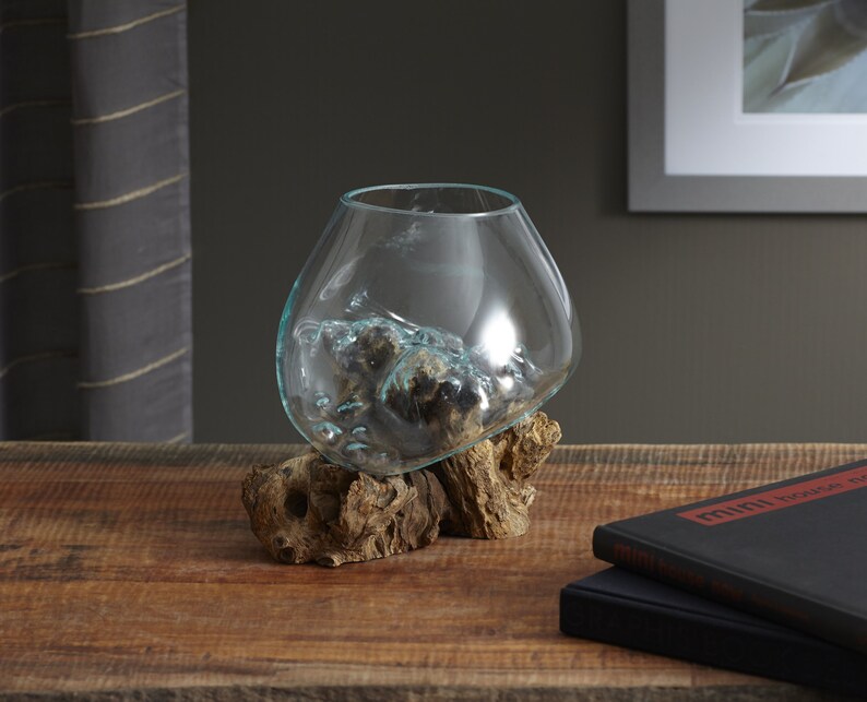 Molten Glass Vessel on Gamal Wood Base image 2