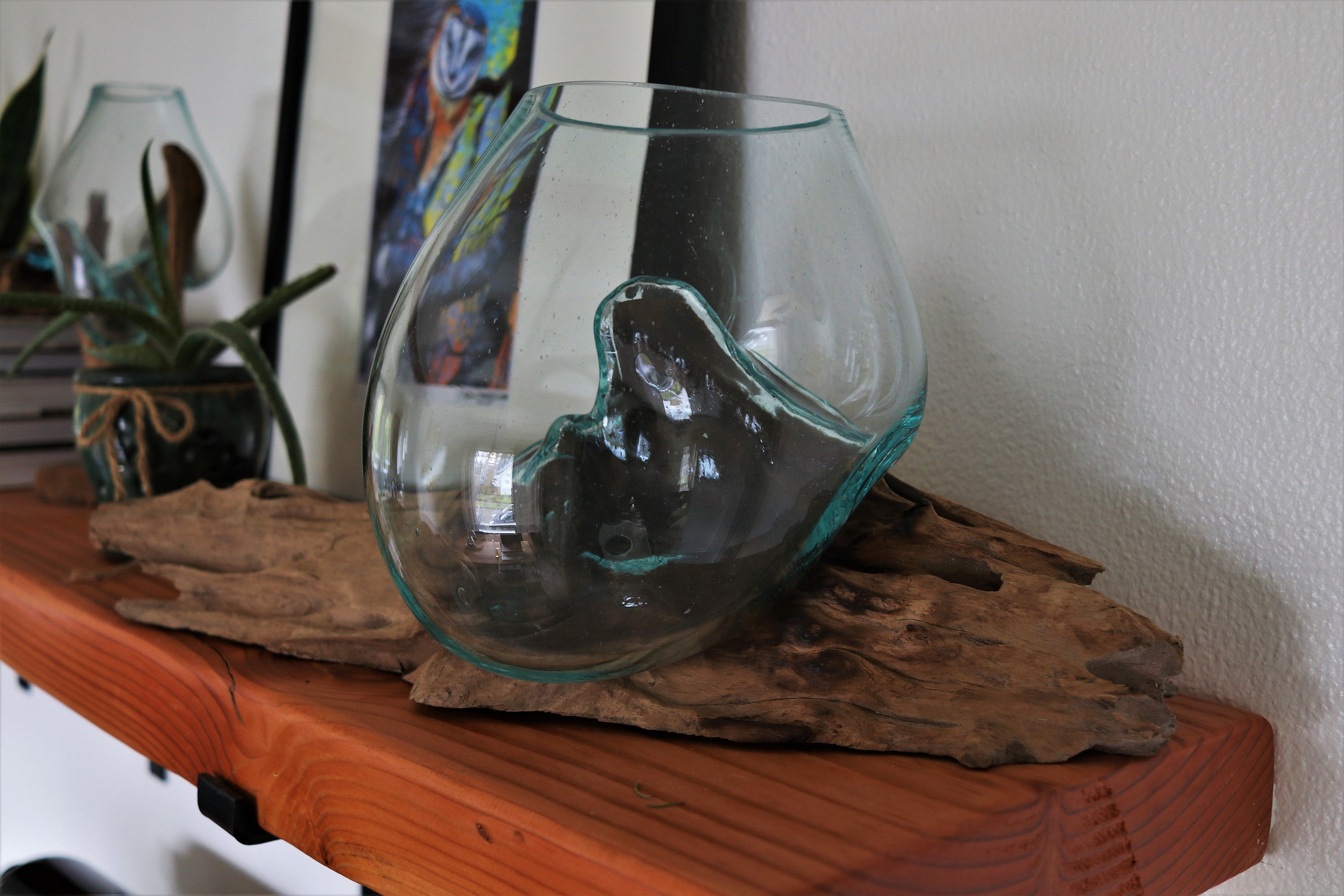 Large Molten Glass Bowl on Teak Wood Base Etsy