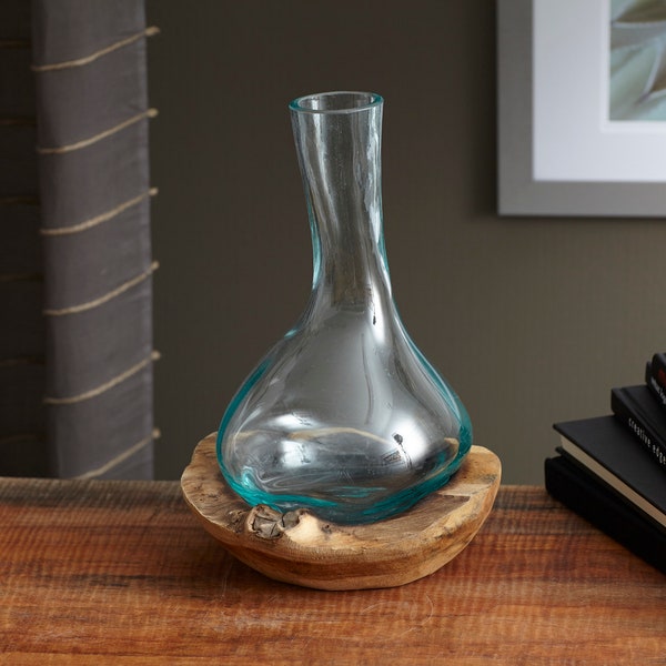 Large Molten Glass Decanter on Round Teak Wood Base