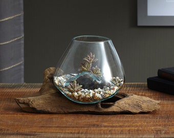 30cm Molten Glass Bowl on Teak Wood Base
