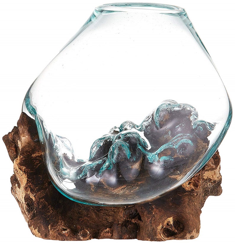 Molten Glass Vessel on Gamal Wood Base Natural Base