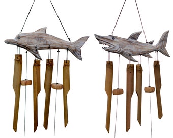 Carved Shark or Dolphin Bamboo Wind Chime