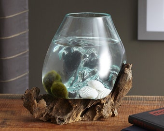 Large Molten Glass Bowl on Gamal Wood Base