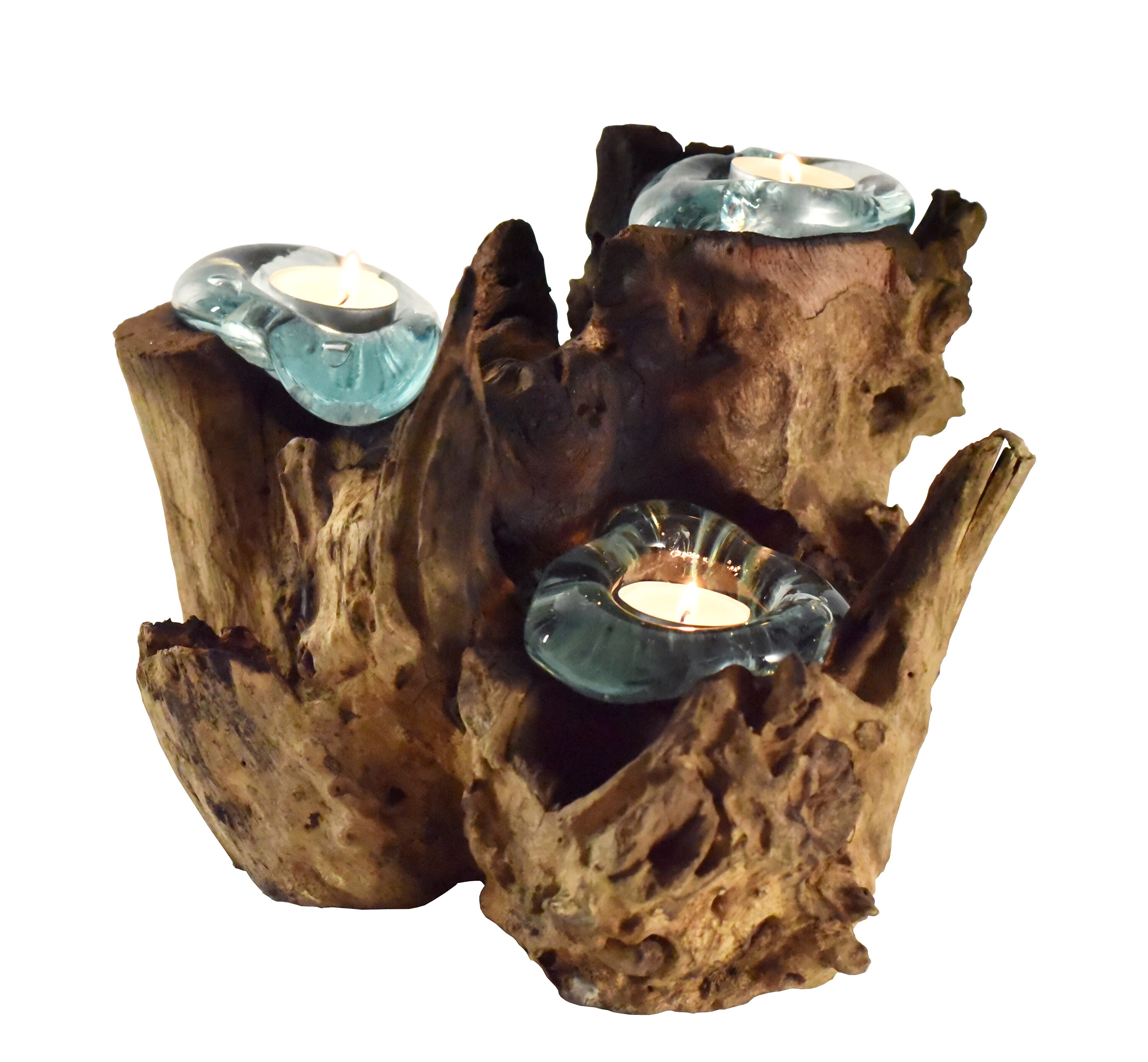 Triple Molten Glass Candle Holder on Teak Wood Base Etsy