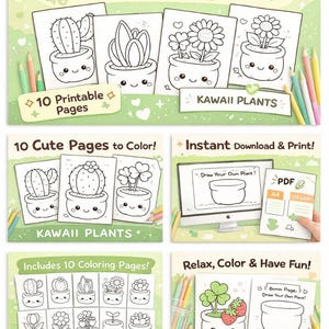 Può includere: Un libro da colorare stampabile con il testo « Cute Plants Coloring Pages » e « Kawaii Plants ». Il libro include 10 pagine con simpatiche illustrazioni di piante, matite e il testo « Instant Download & Print ! »