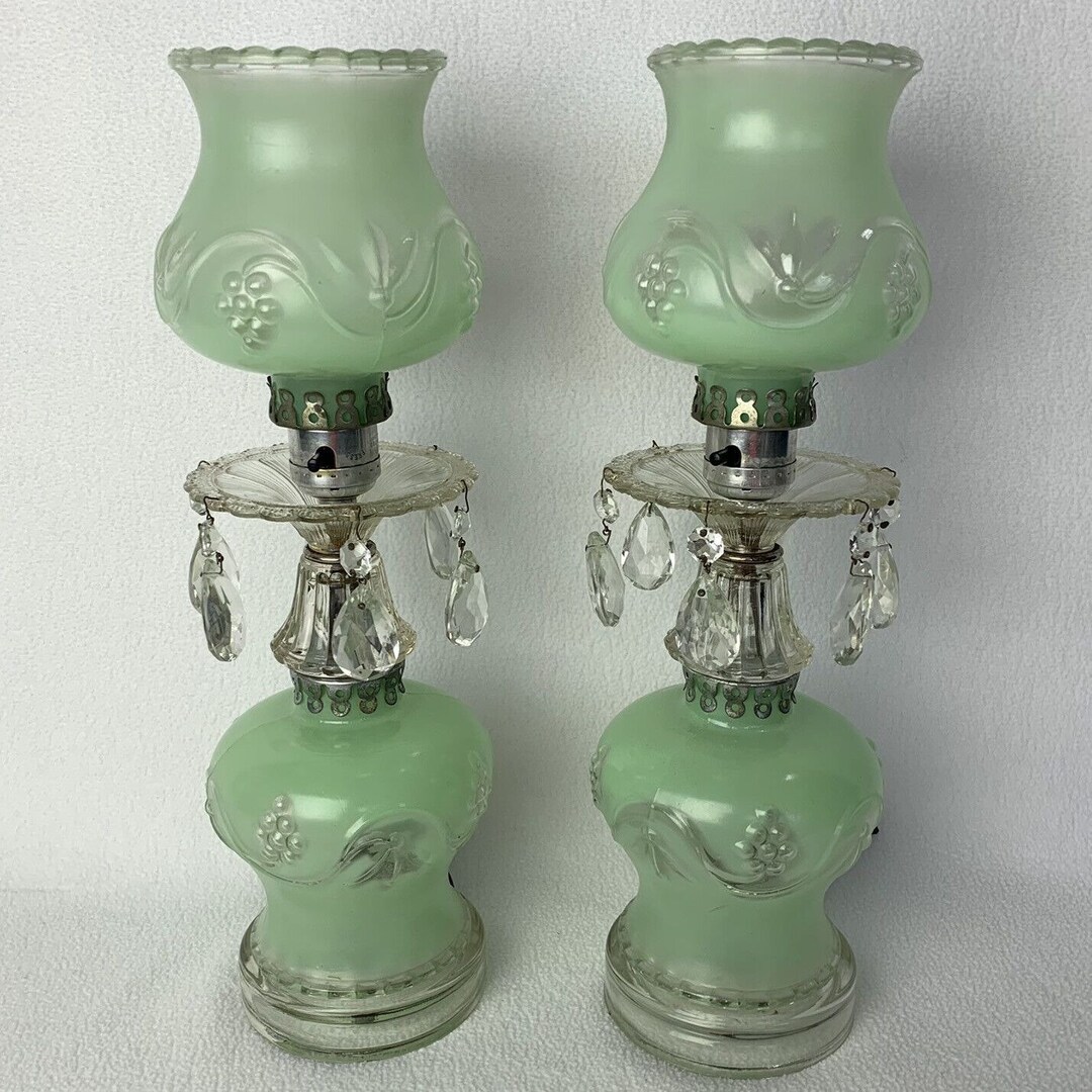 Vintage Set of 2 Leviton Glass Boudior Lamps Hurricane Shades