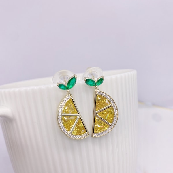 Yellow Lemon Earrings,Fruit Earrings,Lemon Drop Earrings,Dainty Fruits Dangle Earrings,Quartz Earrings,Food Earrings,925 Silver,Gift for Her