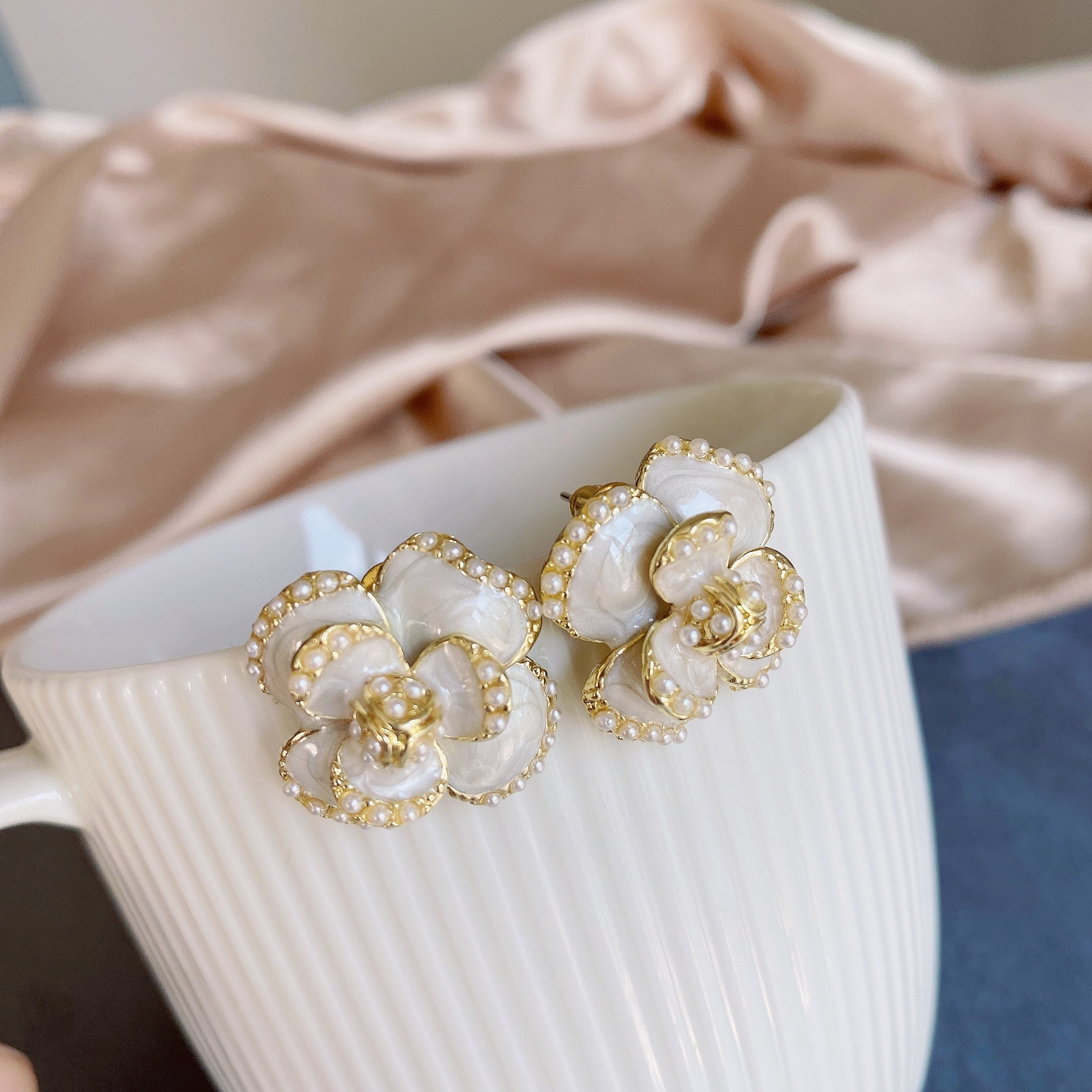 Chanel Style Camellia Flower Rhinestone and Pearl Earrings