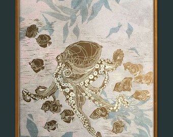 Original Octopus Linocut Print - Gold