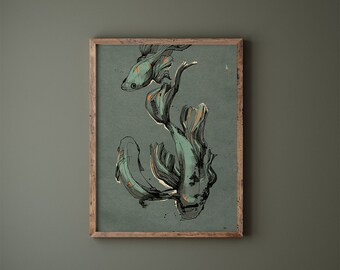 May include: A framed print of a stylised illustration of two blue and green fish with orange accents. The fish are swimming in a swirling pattern against a grey background.