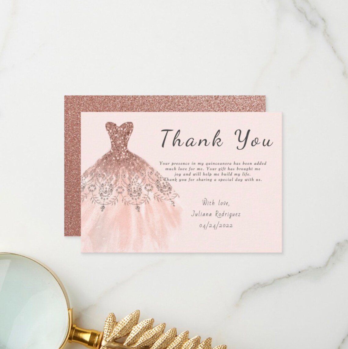 Rose Gold Sparkle Dress Thank you cards Quinceañera wedding Etsy