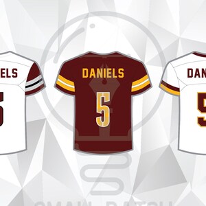 May include: Three football jerseys featuring the name "DANIELS" and the number "5". The jerseys are white, maroon, and dark maroon with contrasting color accents. The image also includes the text "SMALL BATCH" and "LAYERED SVG, PNG, & AI FILE".
