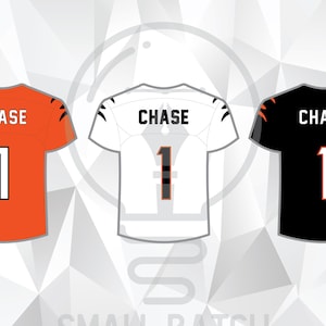 May include: Three football jerseys in orange, white, and black, each with the name "CHASE" and the number "1". The orange jersey has black accents, the white jersey has black accents, and the black jersey has orange accents. The image also includes the text "SMALL BATCH LAYERED SVG, PNG, & AI FILE".