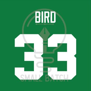 May include: Green background with the word "BIRD" above the number "33" in white. The words "SMALL BATCH" are at the bottom. The design is simple and bold.