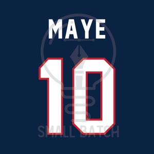 May include: Navy blue graphic design with the name "MAYE" above the number "10" in white with red trim. The text "SMALL BATCH" is at the bottom. This design is likely for a sports jersey or apparel.