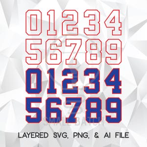 Pode incluir: Design digital com os números de 0 a 9 em dois estilos. A linha superior de números é delineada em vermelho, enquanto a linha inferior é azul com contornos vermelhos. O texto "LAYERED SVG, PNG, & AI FILE" está na parte inferior.