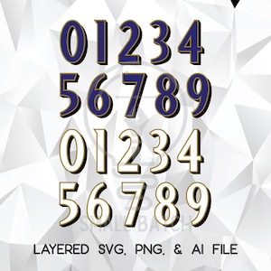 May include: Digital design featuring the numbers 0 through 9 in two different styles. The top set of numbers are navy blue with gold trim, and the bottom set are white with gold trim. The text "LAYERED SVG, PNG, & AI FILE" is at the bottom.