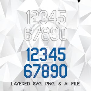 May include: Digital design featuring the numbers 1 through 0 in two styles: outlined and solid blue. The numbers are arranged in rows, with the text "LAYERED SVG, PNG, & AI FILE" at the bottom. The background is a white geometric pattern.