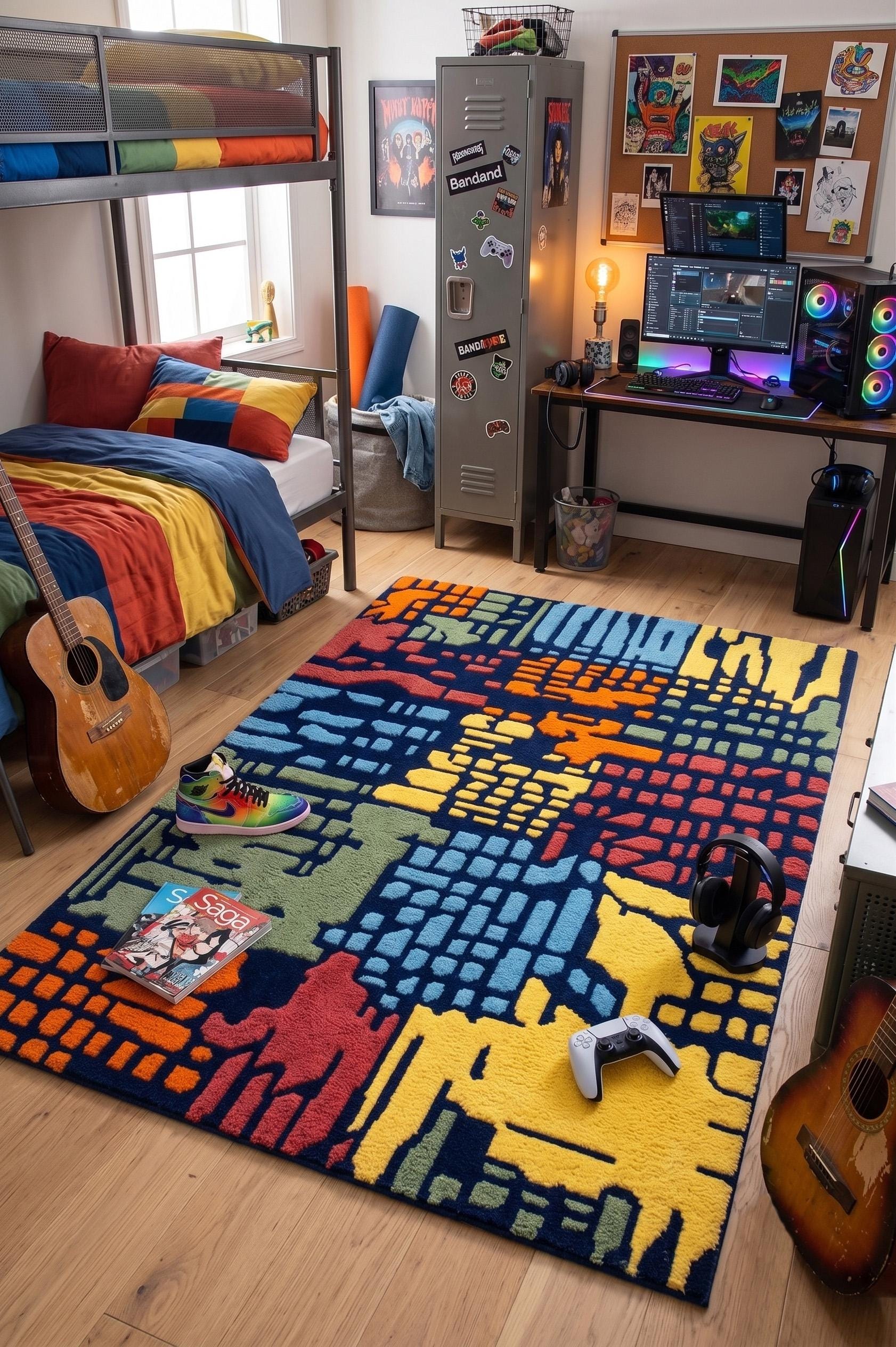 Pixelated Pathways Abstract Area Rug, Geometric Grid Multi-color Tufted ...