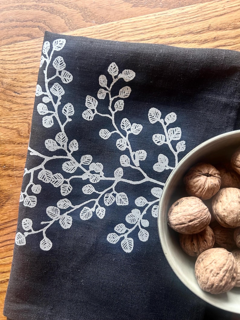 Hand printed ‘fagus’ (Nothofagus gunnii) 100% linen tea towel White on black