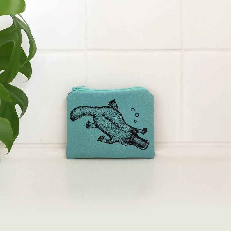 wallet. Hand screen printed platypus zip pouch coin purse