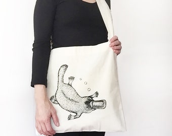Hand printed platypus shopping bag