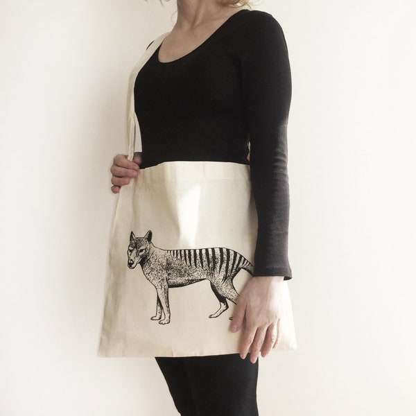 Hand printed Tasmanian tiger (Thylacine) shopping bag