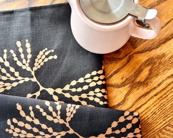 Hand printed Bubbleweed seaweed 100% linen tea towel