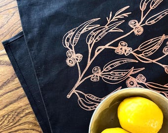 Hand printed Tasmanian Blue gum 100% linen tea towel