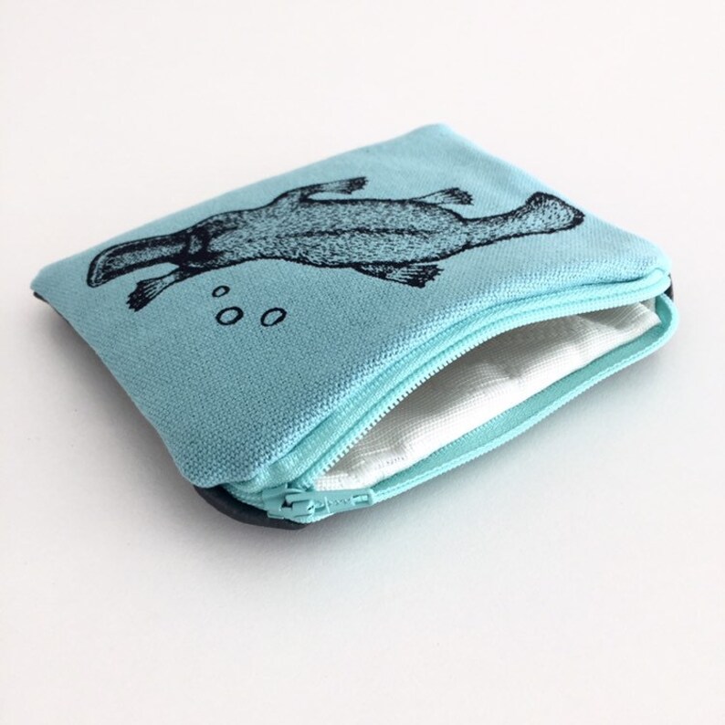 wallet. Hand screen printed platypus zip pouch coin purse