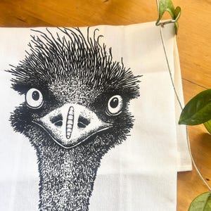 Hand printed emu tea towel